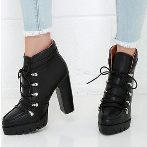 Black, lace up high heel boots